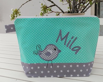 bestickte Tasche VOGEL + Name //mint - grau// Wickeltasche Kulturbeutel Windeltasche Kulturtasche Waschtasche 20 Schriftarten Kosmetiktasche