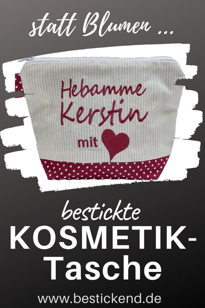 bestickte Tasche HEBAMME mit HERZ NAME //bordeaux natur// Kosmetikasche Schminktasche Kulturtasche Reisetasche Makeup-Bag 20 Schriften Bild 10