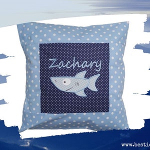 embroidered pillow SHARK + NAME //marine - light blue// 40x40 pillowcase gift cuddly pillow cuddle pillow name pillow