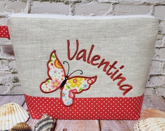 embroidered bag BUTTERFLY + name //red - natural// diaper bag toiletry bag diaper bag toiletry bag 20 fonts cosmetic bag