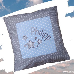 embroidered pillow STARS + NAME //light blue - grey// 40x40 pillowcase gift cuddly pillow cuddle pillow name pillow
