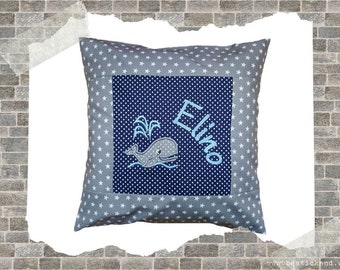 almohada bordada BALLENA + NOMBRE //marino - gris// 40x40 funda de almohada regalo almohada de peluche almohada de peluche nombre almohada