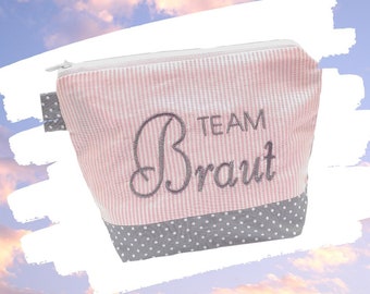 embroidered bag TEAM BRIDE //pink - grey// cosmetic bag toiletry bag make-up bag statement compliment gift (41)