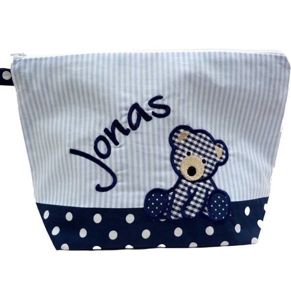 embroidered bag BEAR + name navy - light blue diaper bag toiletry bag diaper bag toiletry bag wash 20 fonts cosmetic bag