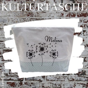 bestickte Tasche PUSTEBLUME Name grau Wickeltasche Kulturbeutel Windeltasche Kulturtasche Waschtasche 20 Schriftarten Geschenk Bild 7