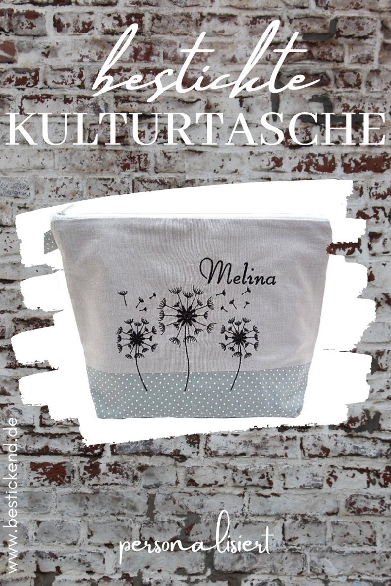 bestickte Tasche PUSTEBLUME Name grau Wickeltasche Kulturbeutel Windeltasche Kulturtasche Waschtasche 20 Schriftarten Geschenk Bild 7