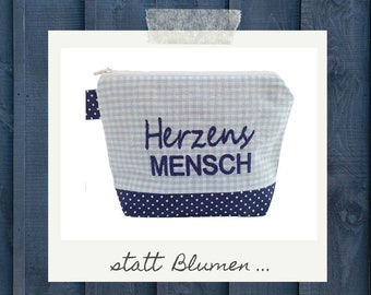 embroidered bag HERZENSMENSCH // light blue - navy // cosmetic bag wash bag make-up bag statement compliment gift (01)