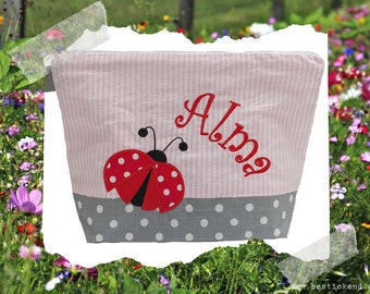 embroidered bag BEETLE + name pink - gray diaper bag toiletry bag diaper bag toiletry bag wash bag 20 fonts cosmetic bag