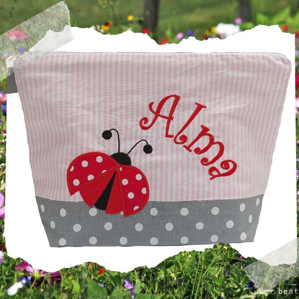 embroidered bag BEETLE + name pink - gray diaper bag toiletry bag diaper bag toiletry bag wash bag 20 fonts cosmetic bag