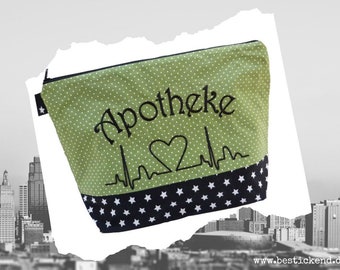 embroidered PHARMACY "heart curve" //black - green// travel PHARMACY emergency bag first aid medication emergency travel fever