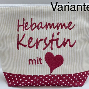 bestickte Tasche HEBAMME mit HERZ NAME //bordeaux natur// Kosmetikasche Schminktasche Kulturtasche Reisetasche Makeup-Bag 20 Schriften Bild 4