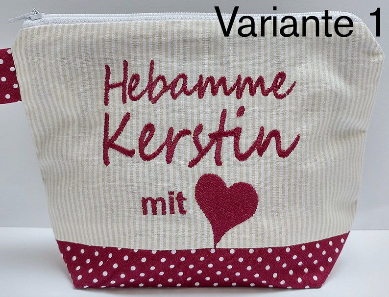 bestickte Tasche HEBAMME mit HERZ NAME //bordeaux natur// Kosmetikasche Schminktasche Kulturtasche Reisetasche Makeup-Bag 20 Schriften Bild 4