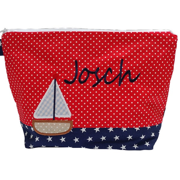 Embroidered bag SAILBOAT + Name //navy – red// Diaper bag Toiletry bag Diaper bag Toiletry bag Wash bag 20 fonts