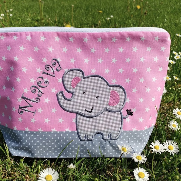 embroidered bag ELEPHANT + name pink - gray diaper bag toilet bag diaper bag toilet bag wash bag 20 fonts gift