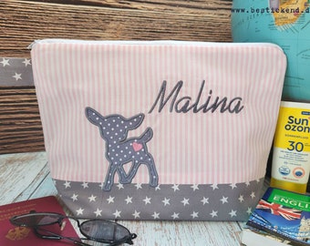 embroidered bag REH + name //pink - grey// diaper bag toiletry bag nappy bag toiletry bag wash bag 20 fonts gift