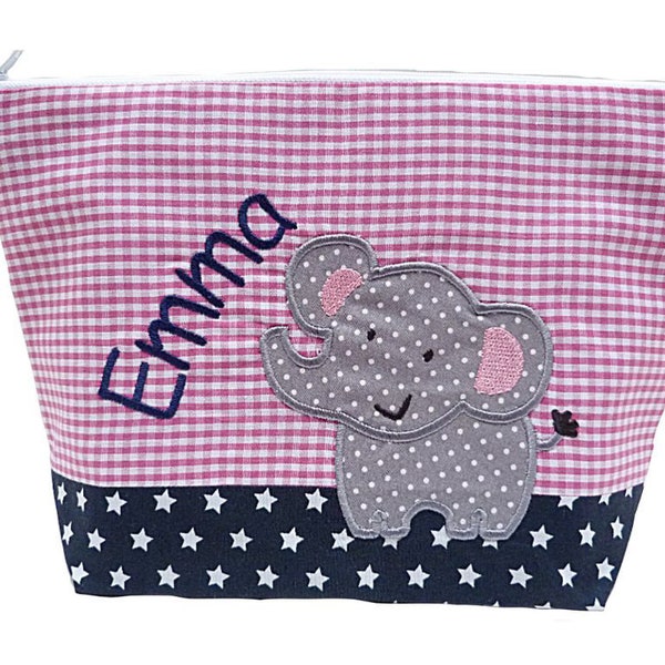 embroidered bag ELEPHANT + Name /navy - pink/ diaper bag toiletry bag diaper bag toiletry bag wash bag 20 fonts cosmetic bag