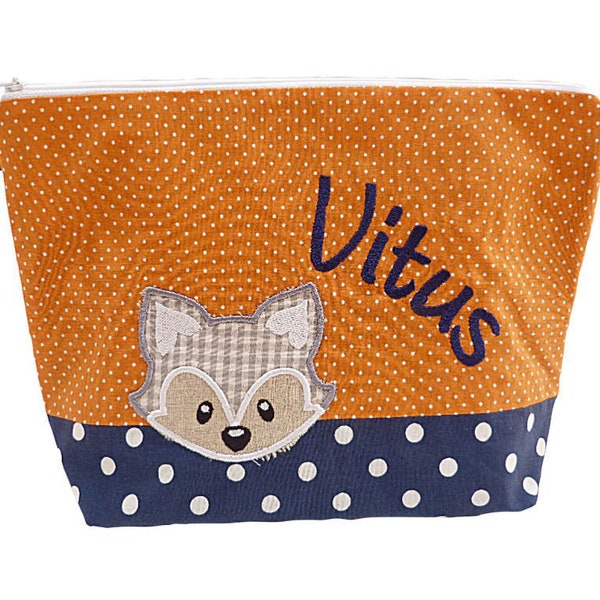 embroidered bag FOX + name /navy - orange/ diaper bag toiletry bag diaper bag toiletry bag wash bag 20 fonts cosmetic bag