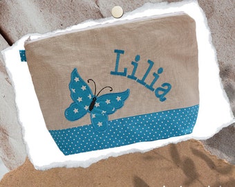 embroidered bag BUTTERFLY + name *turquoise - natural* diaper bag toiletry bag diaper bag toiletry bag wash bag 20 fonts cosmetics