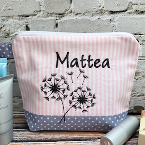 bestickte Tasche PUSTEBLUME + NAME //rosa - grau// Schminktasche Kulturtasche Kosmetiktasche  Makeup-Bag Wunschname personalisiert Geschenk