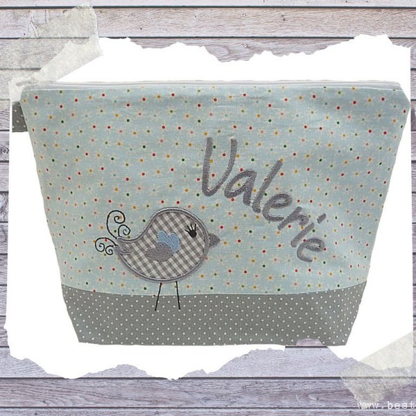 embroidered bag BIRD + name // light blue - gray // diaper bag toiletry bag diaper bag toiletry bag wash bag 20 fonts