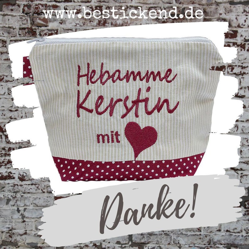 bestickte Tasche HEBAMME mit HERZ NAME //bordeaux natur// Kosmetikasche Schminktasche Kulturtasche Reisetasche Makeup-Bag 20 Schriften Bild 9