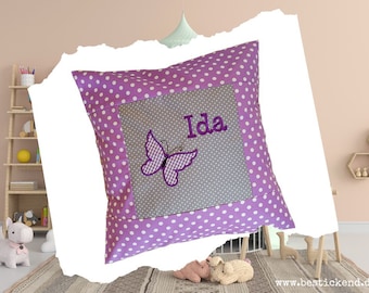 embroidered pillow BUTTERFLY + NAME //grey - lilac// 40x40 desired name pillowcase personalized gift cuddly pillow cuddle pillow