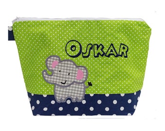 embroidered bag ELEPHANT + name /navy - green/ diaper bag toilet bag diaper bag toilet bag wash bag 20 fonts cosmetic bag