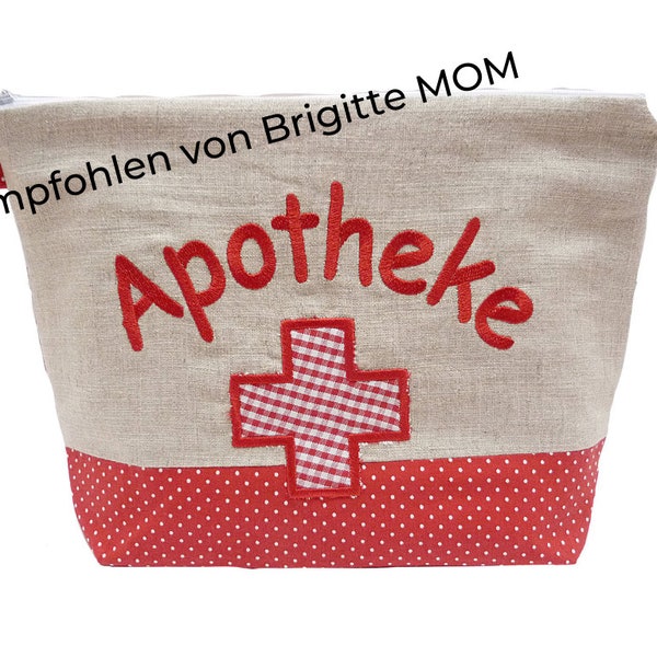 bestickte APOTHEKE rot - natur  ReiseAPOTHEKE Notfalltasche, erste Hilfe, Medikamente, first aid kit, pharmacy, Notfall, Reisefieber