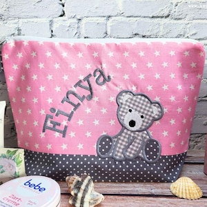 embroidered bag BÄRCHEN+ name /pink - grey/ changing bag toiletry bag diaper bag toiletry bag wash bag 20 fonts cosmetic bag