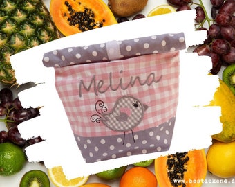 bestickte Lunchbag VOGEL + NAME rosa - grau Lunchbox, Picknicktasche Frühstücksbeutel Brotbeutel Tasche personalisiert 20 Schriften Geschenk