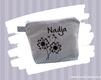 embroidered bag DANDELION + NAME (make-up bag - toiletry bag - cosmetic bag - makeup bag - desired name - gift) // free choice of color //