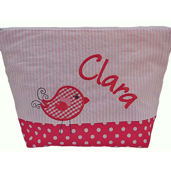 embroidered bag VÖGELCHEN + Name //pink - red// Diaper bag Toiletry bag Toiletry bag wash bag 20 fonts cosmetic bag