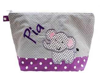 bolso bordado elefante + nombre /lila - gris / bolsa de pañales neceser bolsa de pañales bolsa de aseo bolsa de lavado 20 fuentes bolsa cosmética