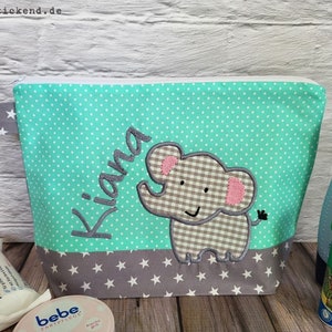 bestickte Tasche ELEFANT + Name /grau - mint/ Wickeltasche Kulturbeutel Windeltasche Kulturtasche Waschtasche 20 Schriftarten Kosmetiktasche