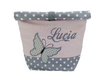 borsa da pranzo ricamata BUTTERFLY + NOME // rosa - grigio // scatola per il pranzo, borsa da picnic borsa da colazione borsa da pane borsa 20 caratteri regalo