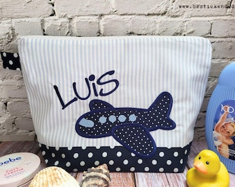 embroidered bag AIRPLANE + name //light blue - navy// diaper bag toiletry bag nappy bag toiletry bag 20 fonts cosmetic bag