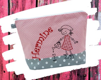 embroidered bag GARDENER + name /grey - pink/ diaper bag toiletry bag nappy bag toiletry bag wash bag 20 fonts cosmetic bag