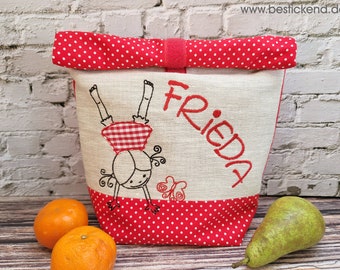 borsa per il pranzo ricamata HANDSTAND GIRL + nome //rosso - naturale// scatola per il pranzo borsa da picnic borsa per la colazione borsa per il pane borsa 20 caratteri regalo