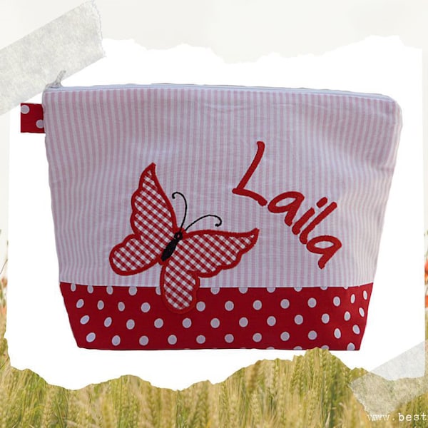 embroidered bag BUTTERFLY + name //red - pink// diaper bag wash bag diaper bag wash bag 20 fonts cosmetic bag