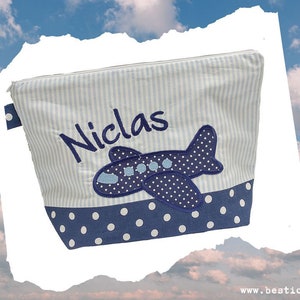 embroidered bag PLANE name //light blue navy// diaper bag toiletry bag diaper bag toiletry bag 20 fonts cosmetic bag image 1