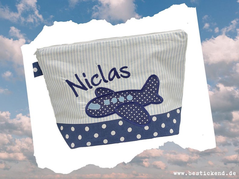 embroidered bag PLANE name //light blue navy// diaper bag toiletry bag diaper bag toiletry bag 20 fonts cosmetic bag image 1