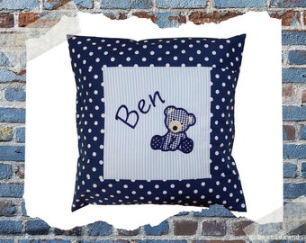 almohada bordada OSO + NOMBRE //azul claro - azul marino// 40x40 funda de almohada regalo almohada de peluche almohada de nombre almohada