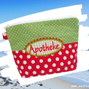bestickte APOTHEKE - ReiseAPOTHEKE //rot - grün// Geschenk Notfalltasche erste Hilfe first aid kit Notfall Reisefieber Medikamente (038)