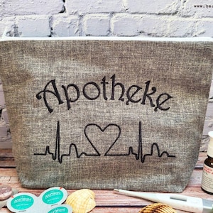 Embroidered pharmacy &quot;Heart Curve&quot; //Linen grey// Emergency bag, first aid, first aid kit, emergency, travel fever, medication, travel pharmacy