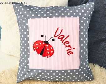 embroidered pillow BEETLE + NAME //pink - grey// 40x40 pillowcase gift cuddly pillow cuddle pillow name pillow