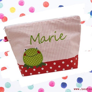 bestickte Tasche FROSCH + Name //rosa - rot//   Wickeltasche Kulturbeutel Windeltasche Kulturtasche Waschtasche 20 Schriften Kosmetiktasche