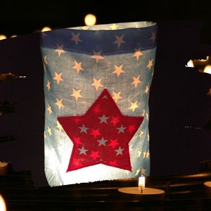 embroidered WINDLIGHT "STAR" // light blue - red // - light bag candle glass decoration garden table decoration party tea light lantern children's birthday