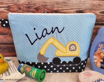 embroidered bag EXCAVATOR + name //light blue - navy// diaper bag toiletry bag nappy bag toiletry bag wash bag 20 fonts