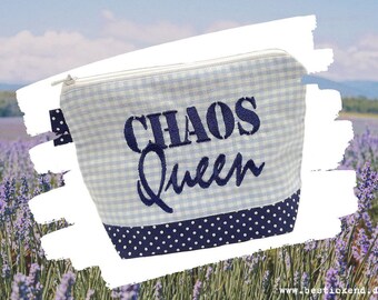 embroidered bag CHAOS - QUEEN // light blue - navy // cosmetic bag wash bag make-up bag makeup bag statement compliment gift (01)