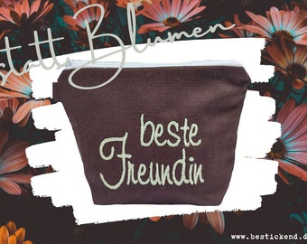 bestickte Tasche BESTE FREUNDIN  //Leinen mocca//   Kosmetiktasche Kulturtasche Schminktasche Makeup-Bag Statement Kompliment Geschenk (45)